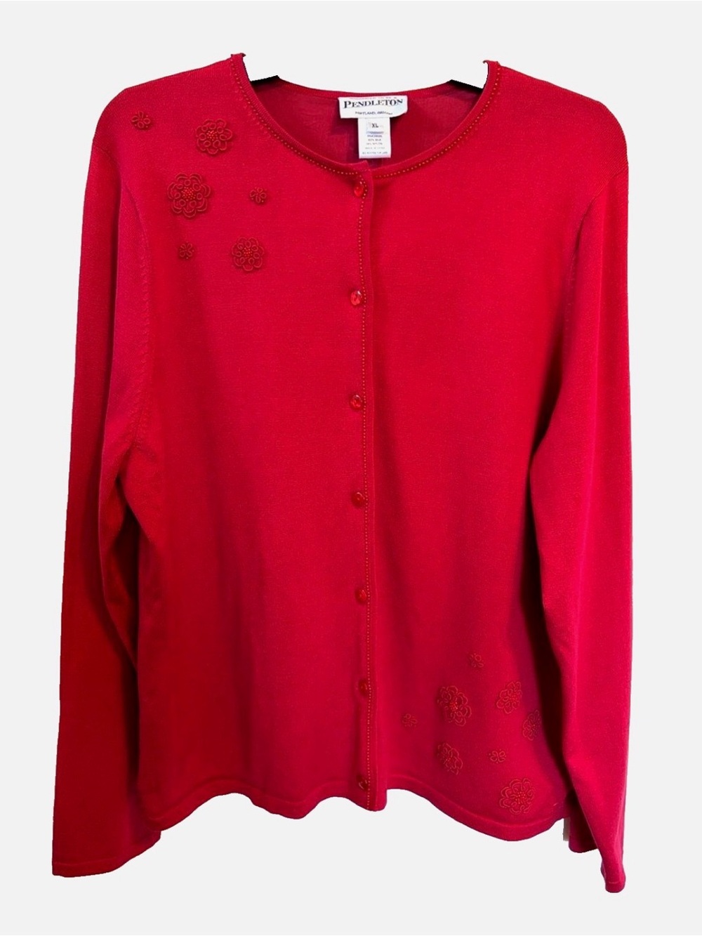 Pendleton Cardigan XL Red Silk Nylon Floral Embroidered Beaded Sweater